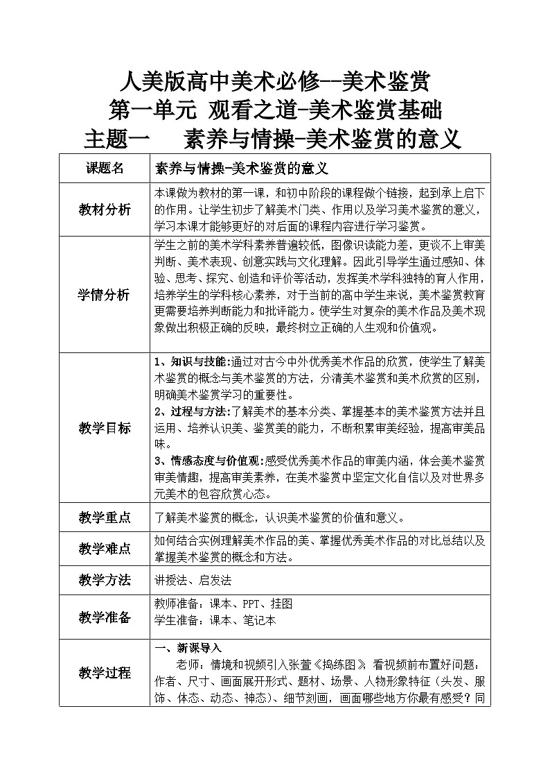 人美版高中美术鉴赏-美术鉴赏 素养与情操-美术鉴赏的意义 课件+教案01