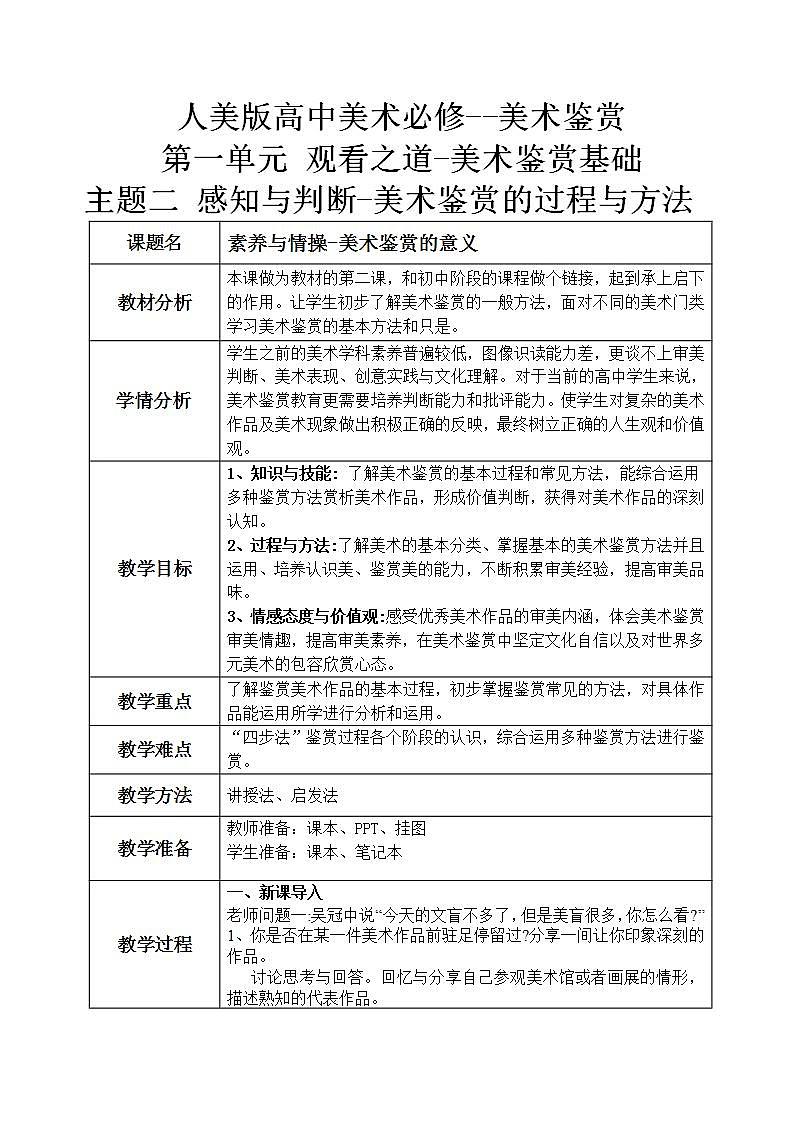 人美版高中美术鉴赏 主题二 感谢与判断-美术鉴赏的过程与方法 课件+教案01