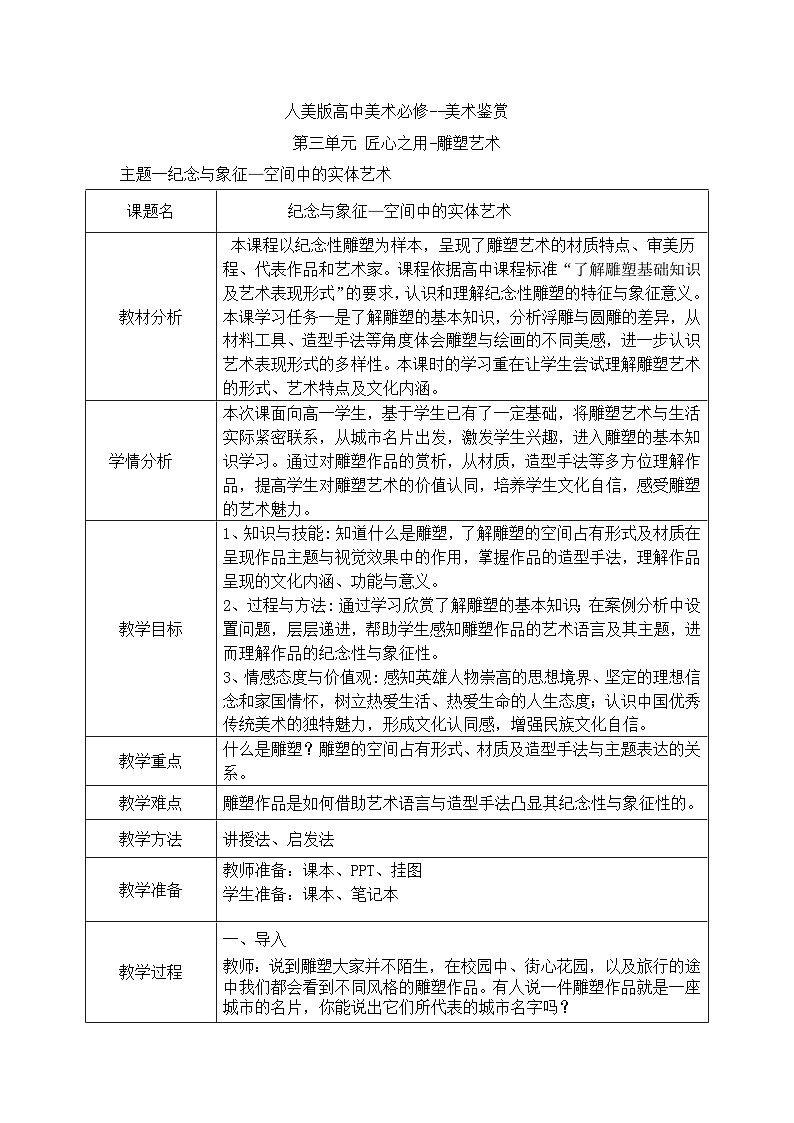 人美版高中美术鉴赏 主题— 纪念与象征——空间中的实体艺术 教案+课件01