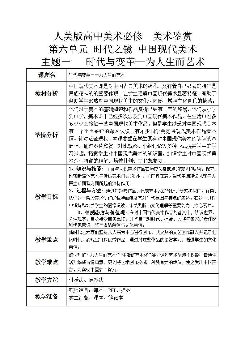 人美版高中美术鉴赏 主题二 时代与变革——为人生而艺术 教案+课件01