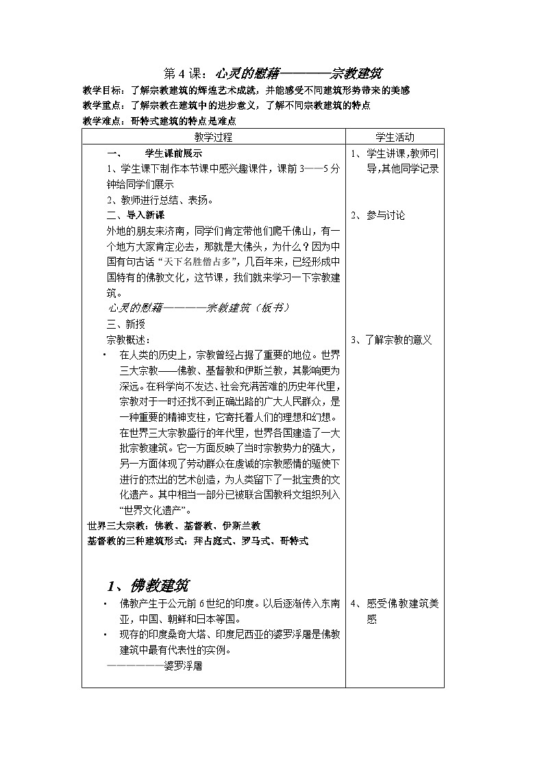 高中 美术 人教版 美术鉴赏 外国美术鉴赏 第三课 心灵的慰藉和寄托——宗教建筑教案第1页