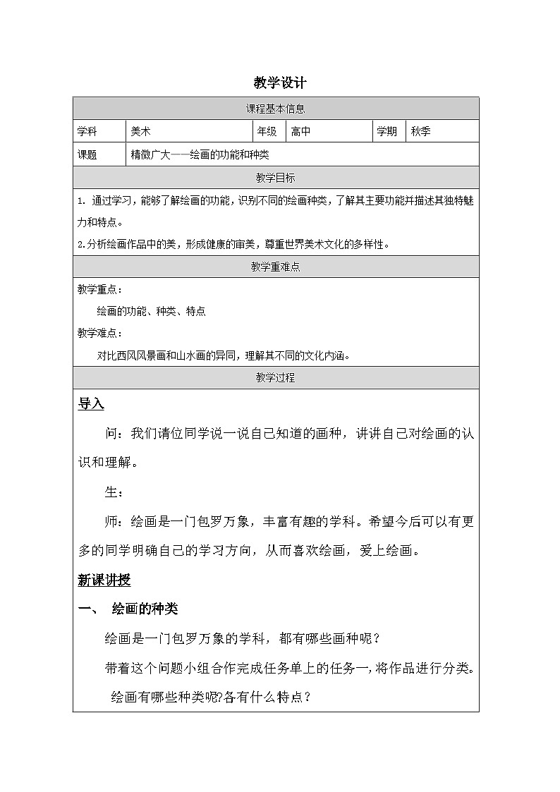 1.1 精微广大——绘画的功能和种类 教学设计-2024-2025学年高中美术人美版（2019）选择性必修1 绘画第1页