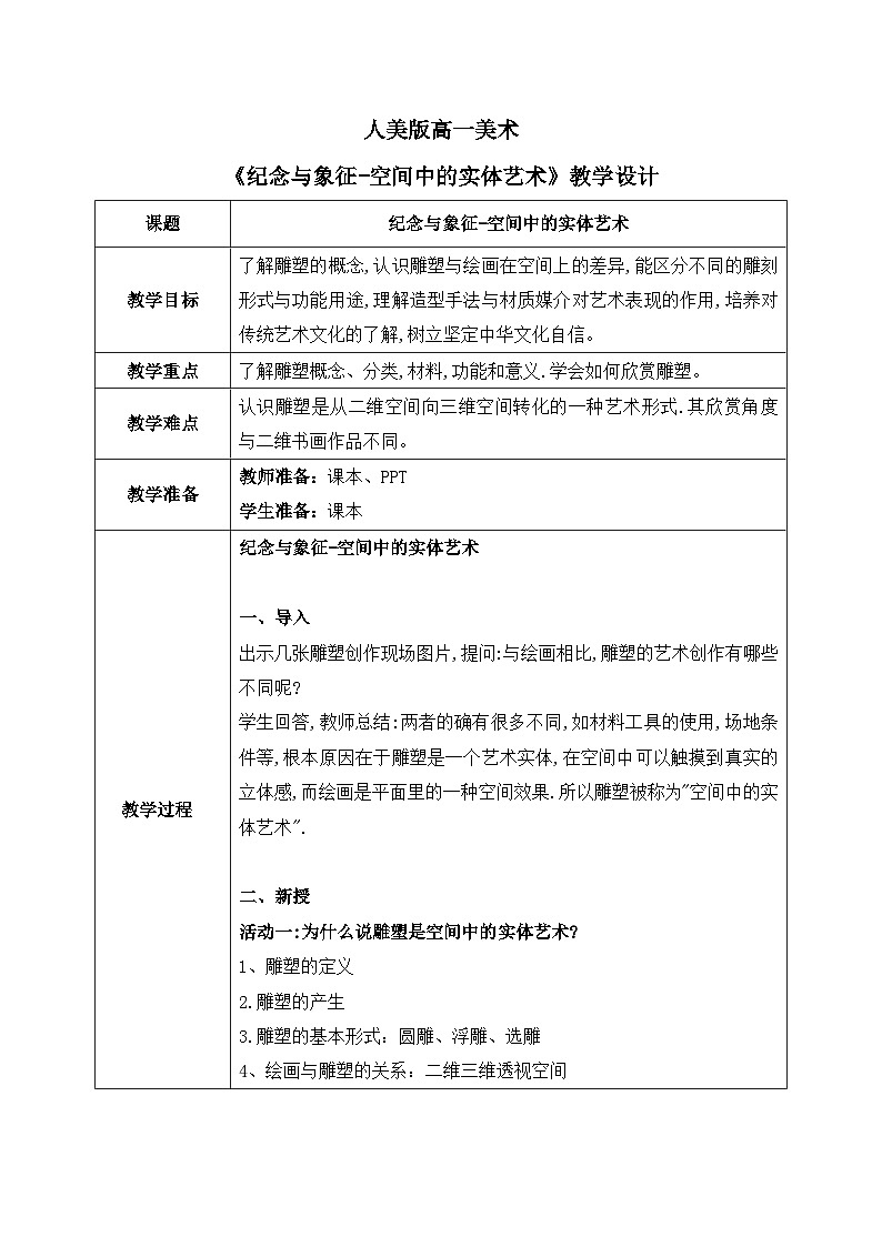3.1+纪念与象征-空间中的实体艺术+教学设计高一上学期美术人美版（2019）美术鉴赏第1页