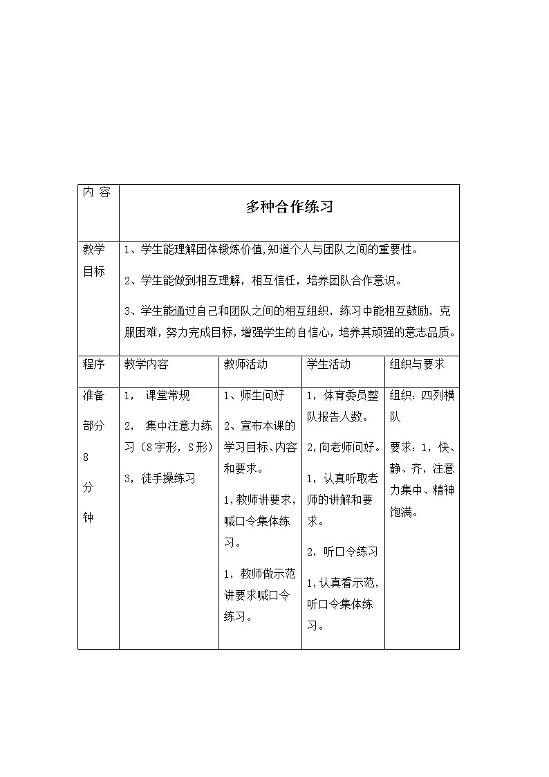 高中体育与健康人教版全一册第一节 体育活动中的人际交往《多种合作练习》教学设计02