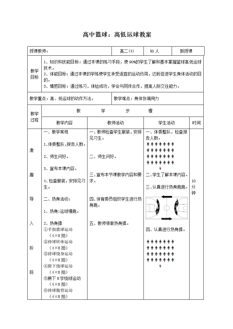 高中体育与健康人教版全一册 7.3 篮球高低运球 教案第1页
