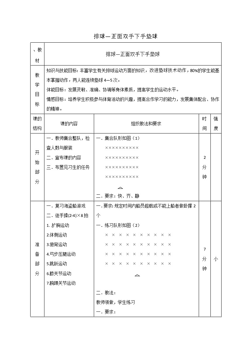 高中体育与健康人教版全一册 7.3 排球—正面双手下手垫球 教案第1页