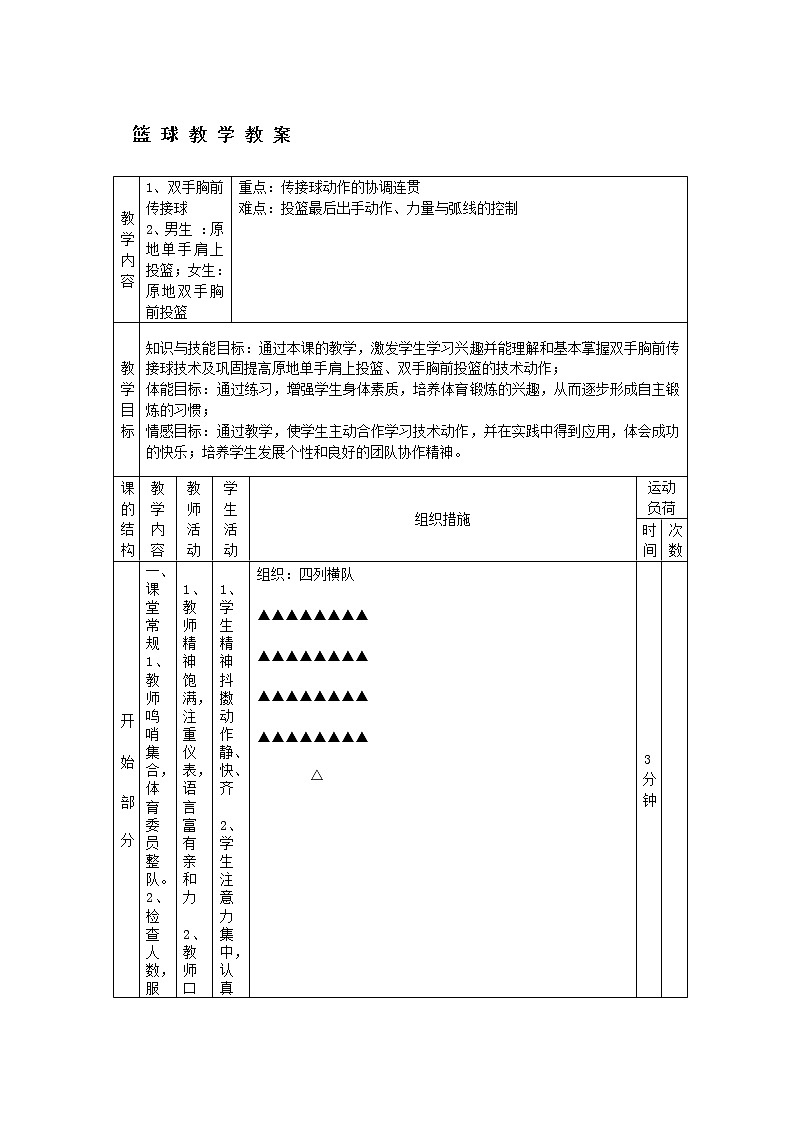 高中体育与健康人教版全一册 7.3 篮球教学 教案01