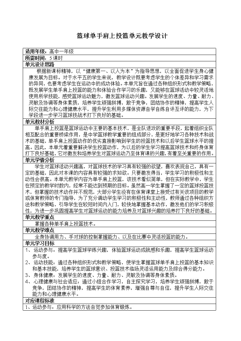 高中体育与健康人教版全一册 7.3 篮球单手肩上投篮单元 教案第1页