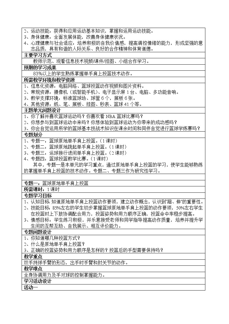 高中体育与健康人教版全一册 7.3 篮球单手肩上投篮单元 教案第2页