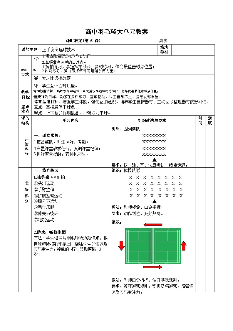 人教版高一体育羽毛球大单元（正手发高远球技术）教案 (2)01