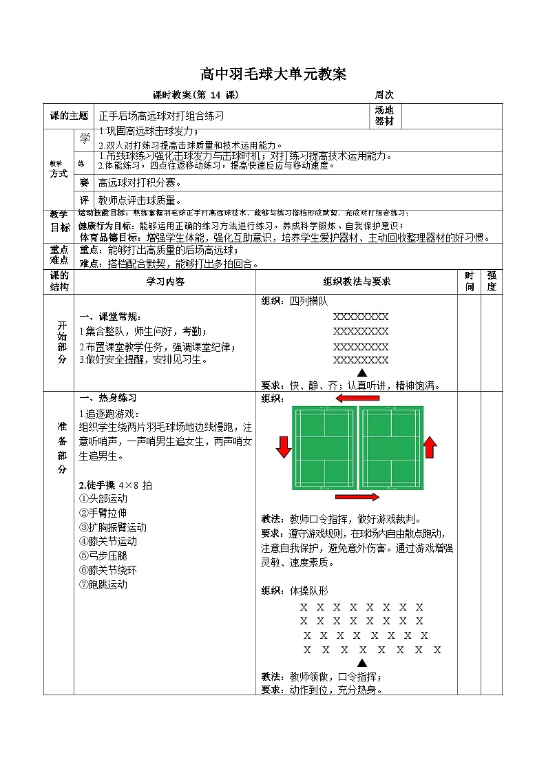 人教版高一体育羽毛球大单元（正手后场高远球对打组合练习）教案01