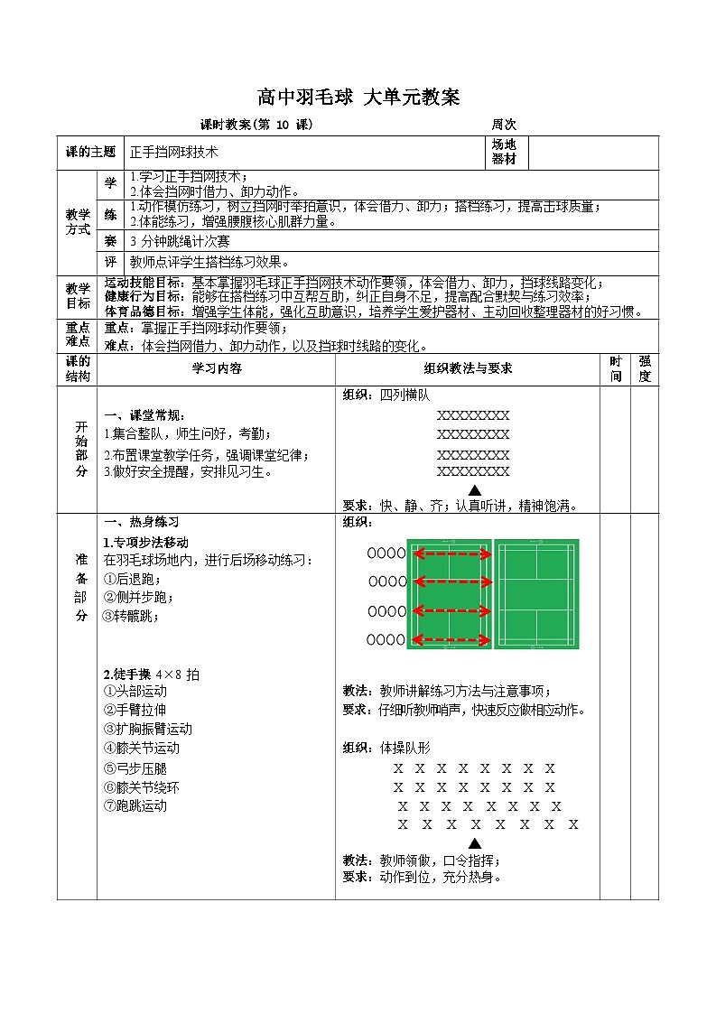 人教版高一体育羽毛球大单元（正手挡网球技术）教案01