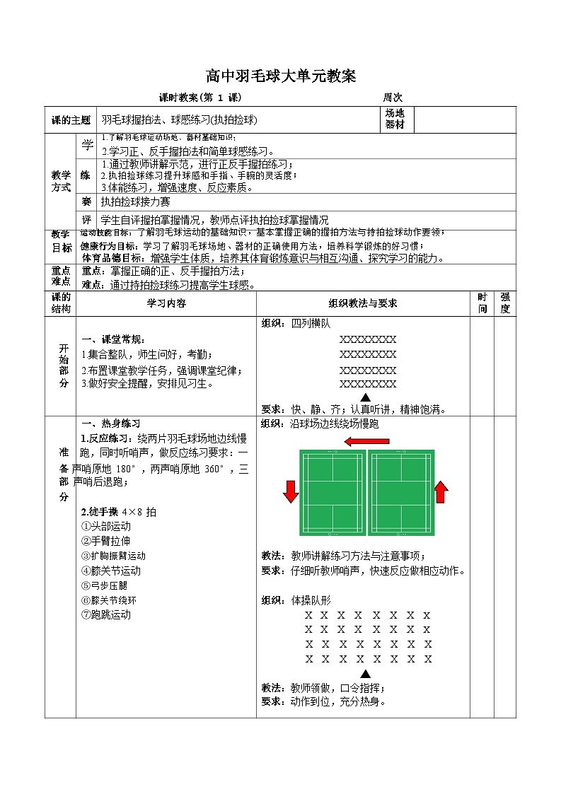 人教版高一体育羽毛球大单元（羽毛球握拍法、球感练习(执拍捡球)教案01