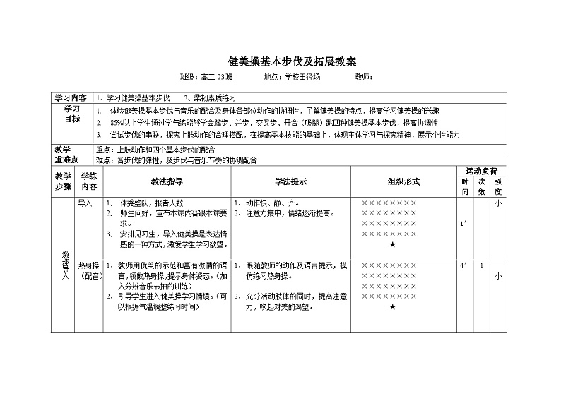 高中体育二年级健美操基本步伐教学设计第2页