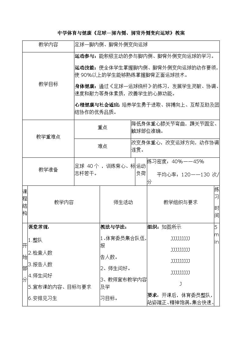 人教版高中体育与健康高一《足球—脚内侧、脚背外侧变向运球》教学设计第2页