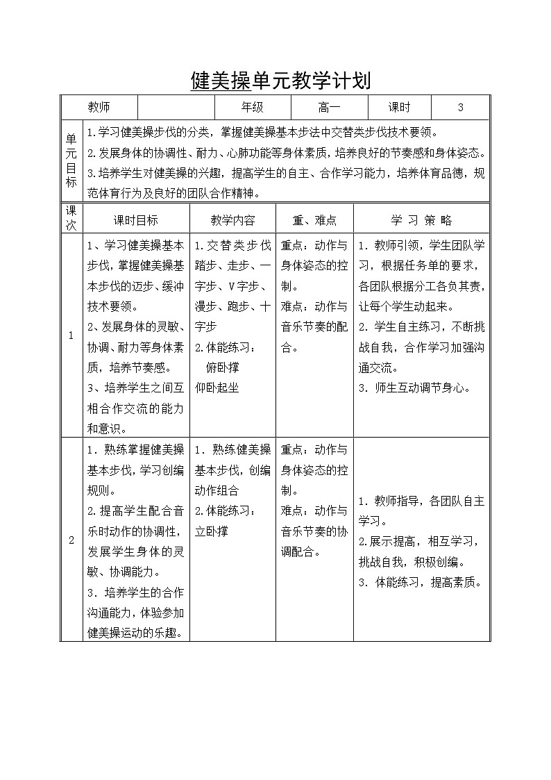 人教版高中体育与健康 高一年级健美操项目单元计划及教案第1页