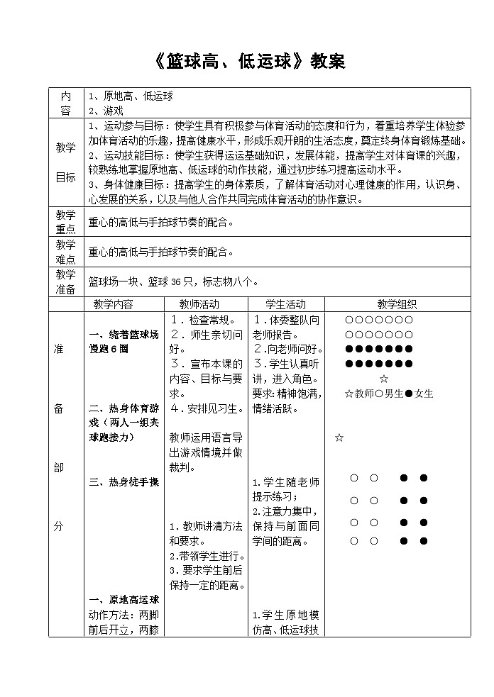 高中体育与健康人教版高一《篮球高、低运球》教案01