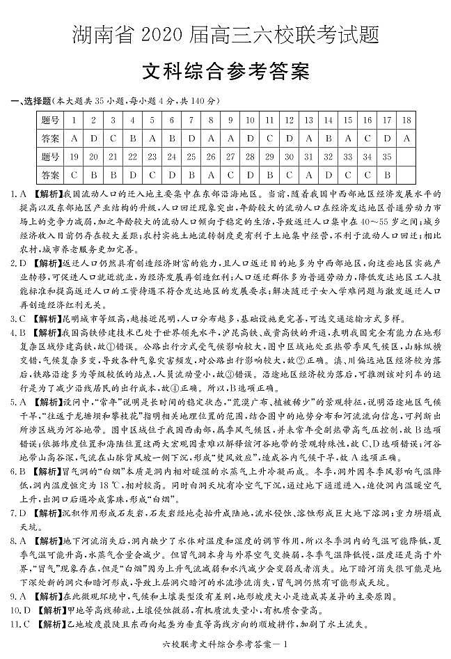 【文综】湖南省2020届高三六校联考+PDF版含解析练习题01