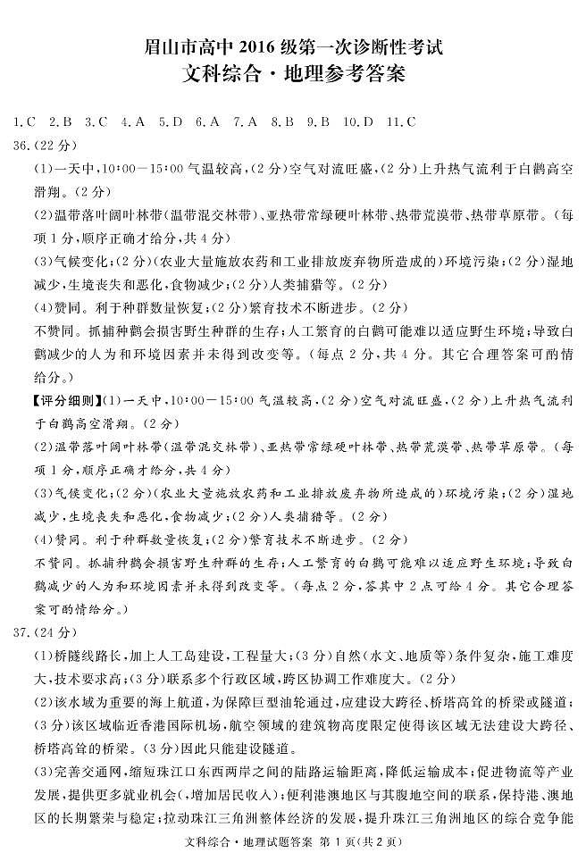 四川省眉山市2019届高三第一次诊断性考试文综试题及答案（PDF版）01