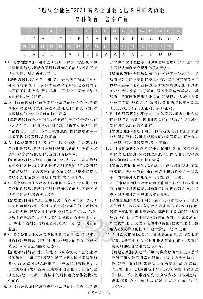 “超级全能生”2021届高三全国卷地区9月联考试题（丙卷）文科综合PDF版含解析01