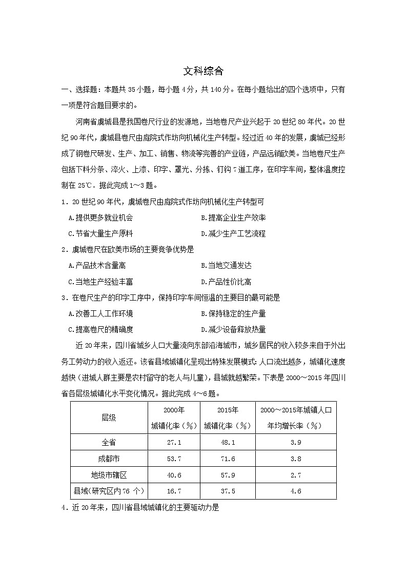 山西省太原市2020届高三第二次模拟考试（6月）文科综合试卷01