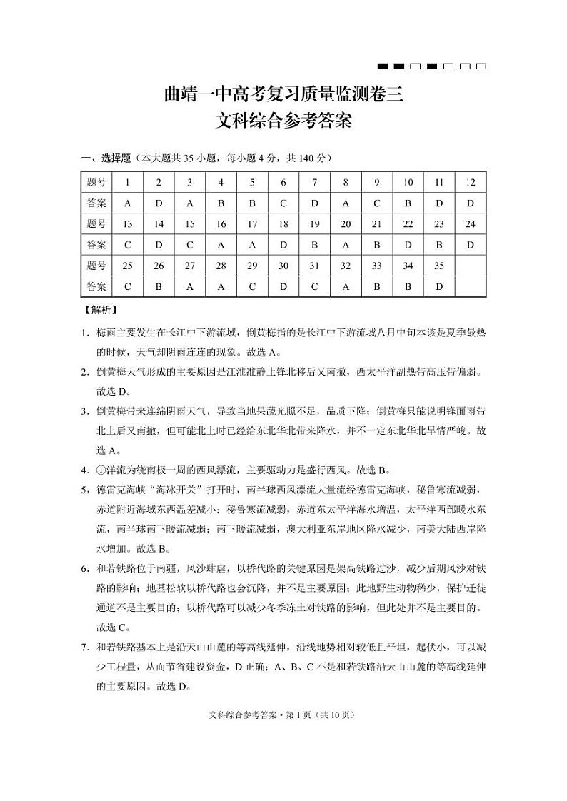 云南曲靖一中2022届高三上学期高考复习质量监测卷（三）文科综合PDF版含答案（可编辑）01