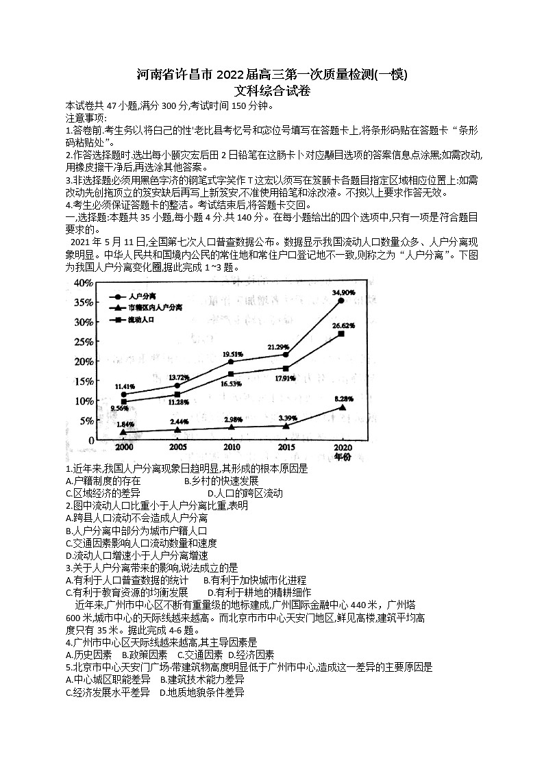 2022届河南省许昌市高三第一次质量检测(一模)文科综合试卷（含答案）第1页