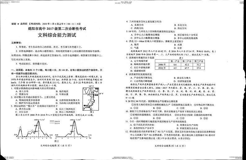 20届绵阳二诊文综试题及答题卡（含答案）01