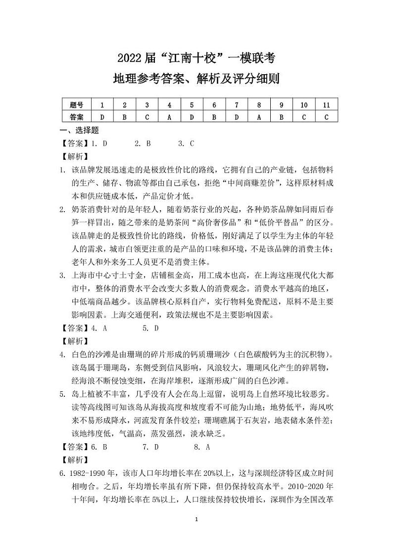 2022届“江南十校”一模联考地理参考答案、解析及评分细则第1页