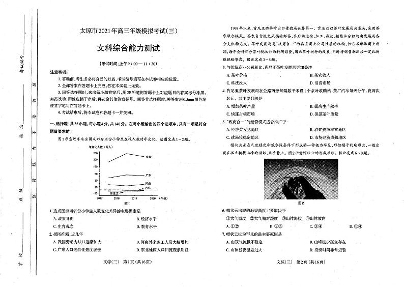 2021山西省太原市高三三模文科综合试卷及答案01