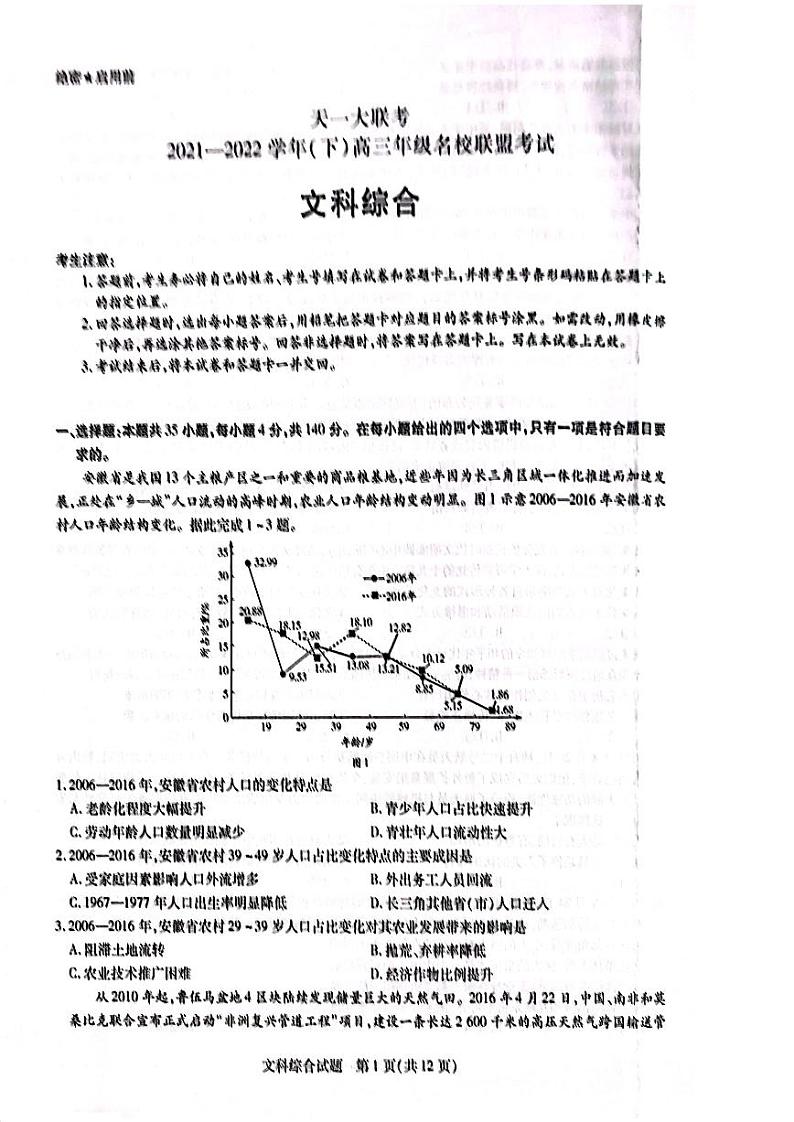 2022年3月天一名校联盟高三下学期联考（安阳二模）文科综合试题含答案01