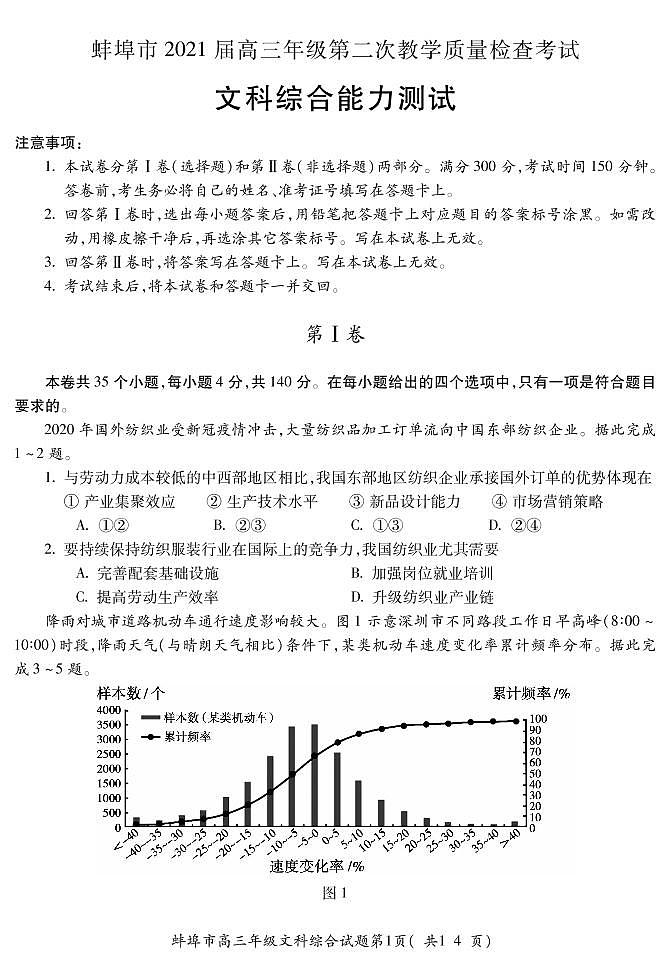 2021届安徽省蚌埠市高三上学期第二次教学质量检查考试（二模）文综试题 PDF版01