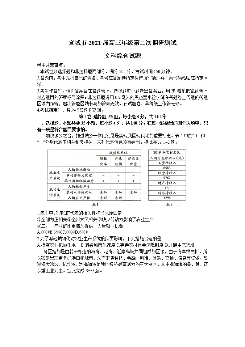 2021届安徽省宣城市高三二模文综试卷及答案01