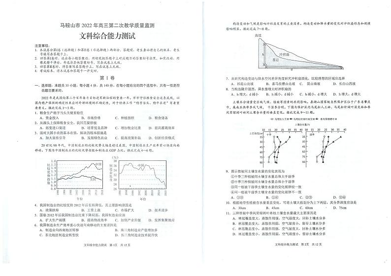 2022届安徽省马鞍山市高三二模 文综试卷及解析第1页