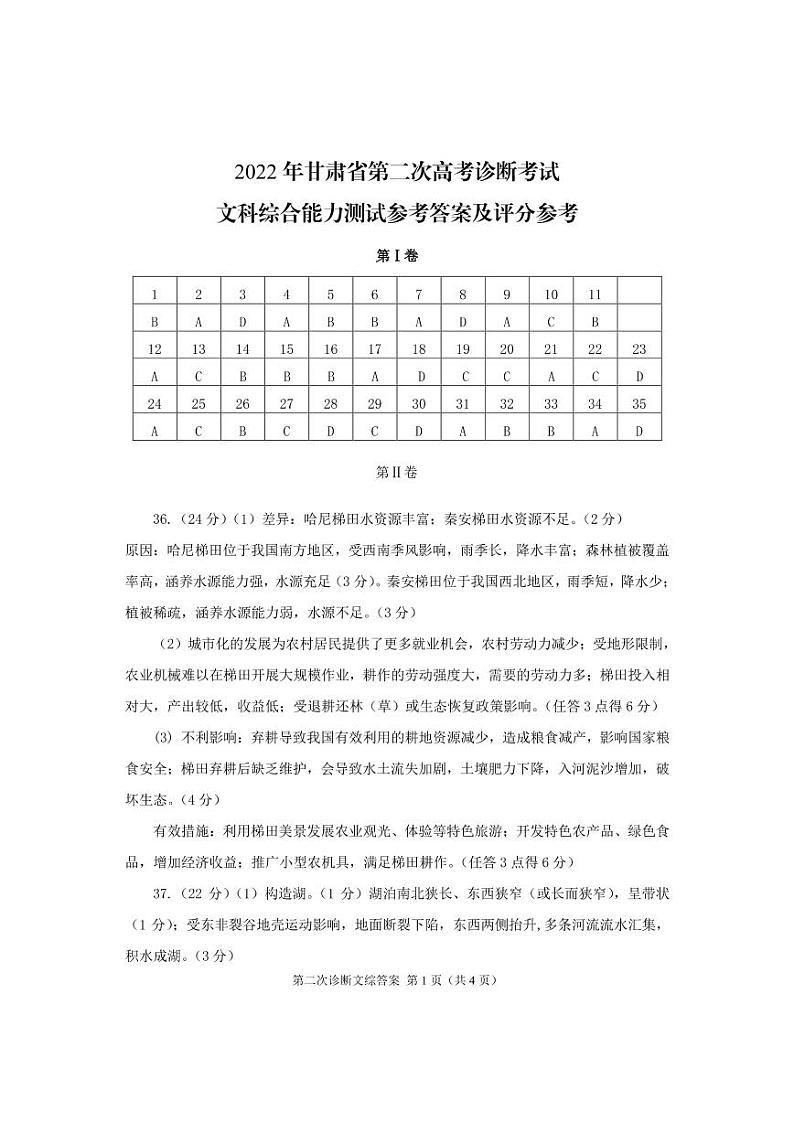 2022届甘肃省第二次高考诊断考试文科综合试题+答案01