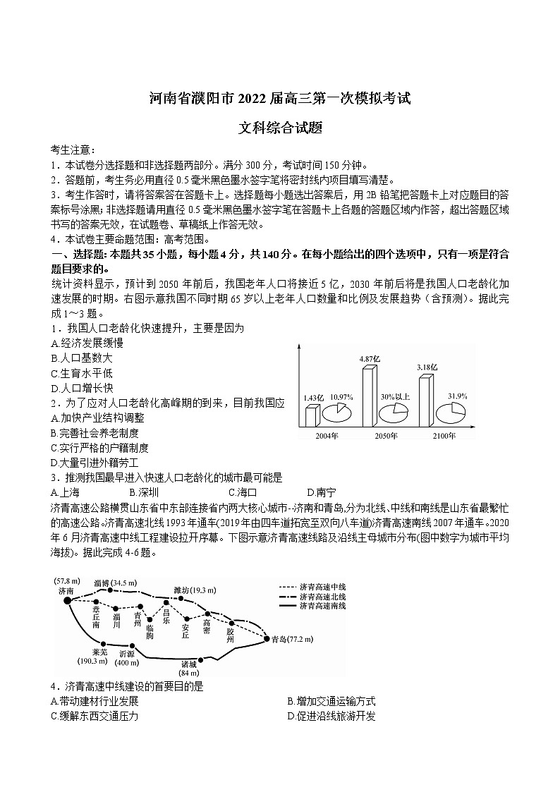 2022届河南省濮阳市高三下学期第一次模拟考试文综试题含答案第1页