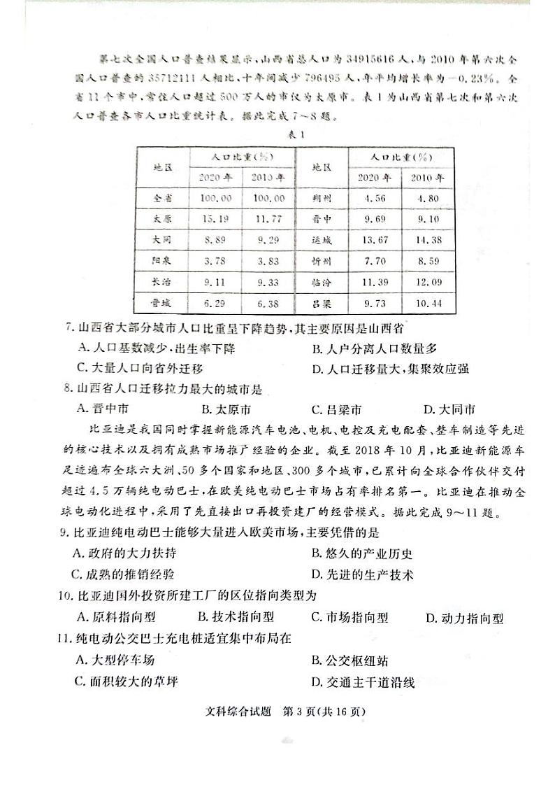 2022届山西省吕梁市高三二模文综试卷及答案03
