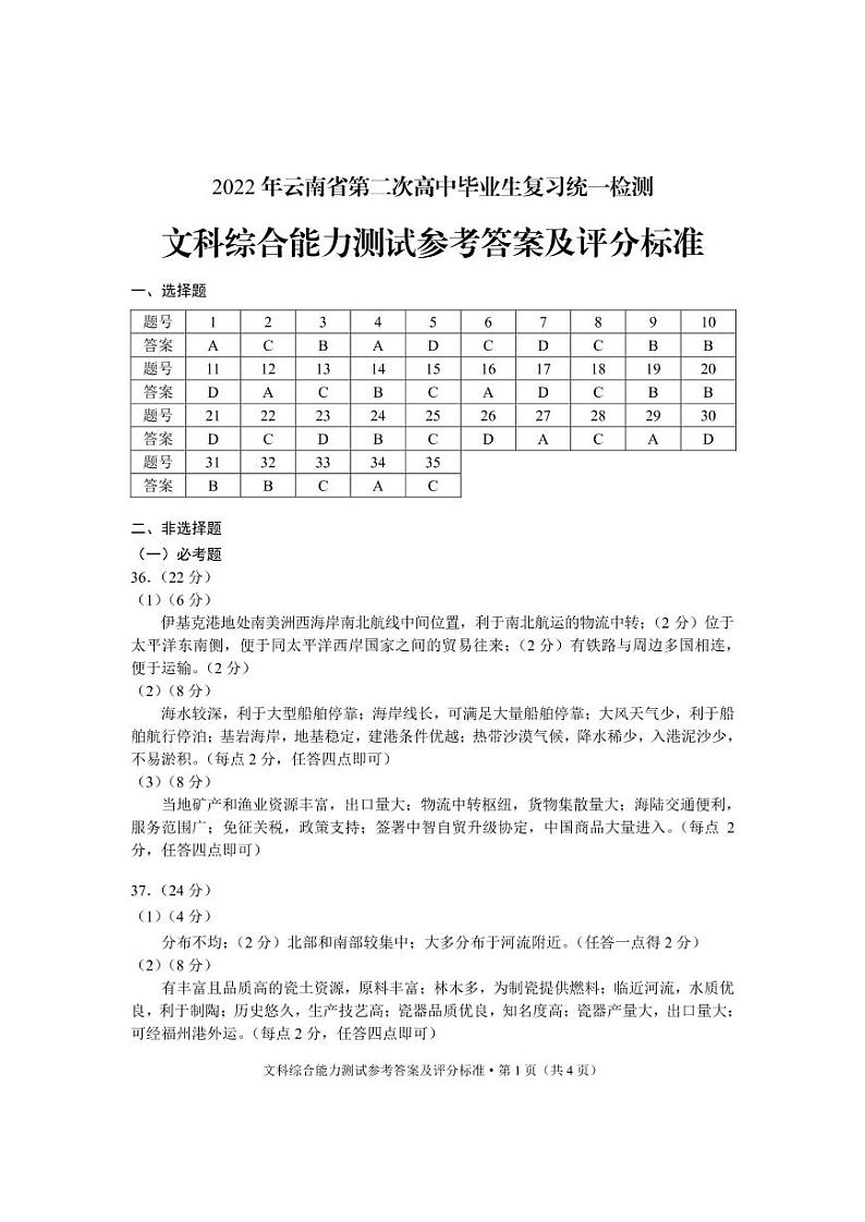 2022年第二次统测文科综合参考答案第1页