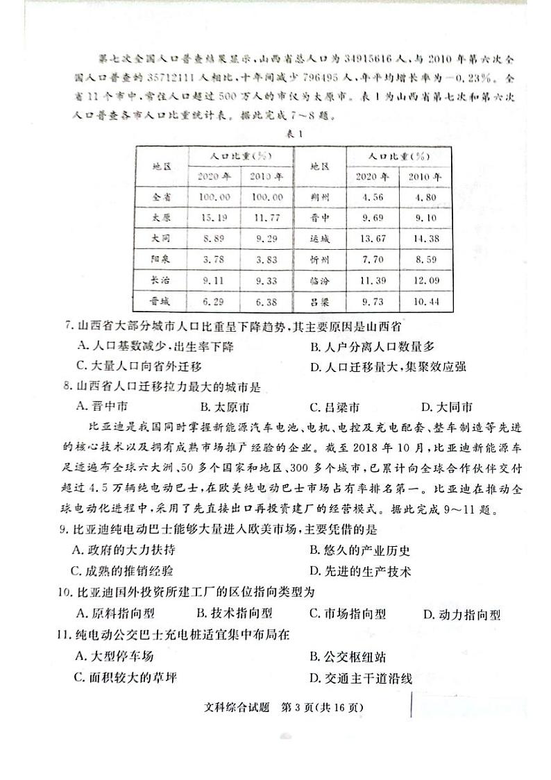 2022届山西省吕梁市高三第二次模拟考试文科综合试题无解析第3页
