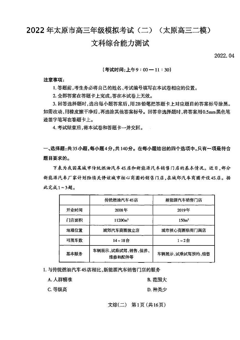 2022年太原市高三年级模拟考试（二）文科综合试题含答案（太原高三二模）01