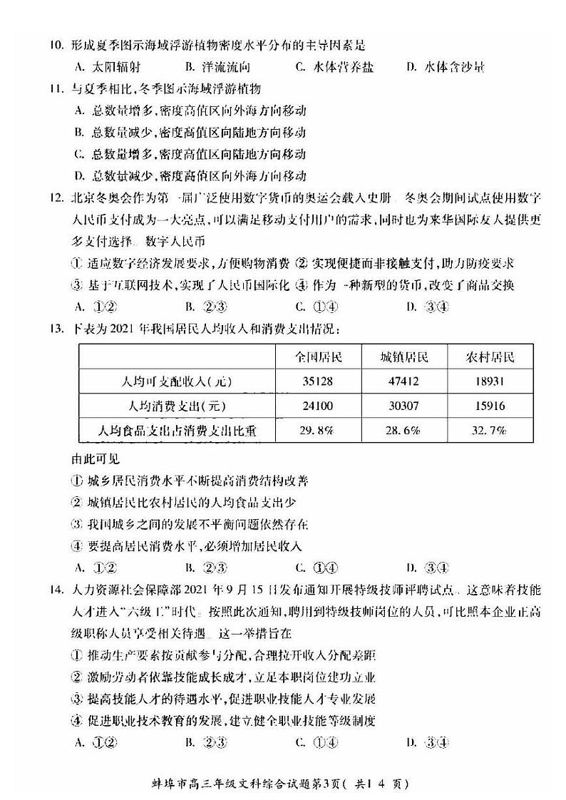 2022年蚌埠市高三年级第四次教学质量检查考试文科综合试卷含答案第3页
