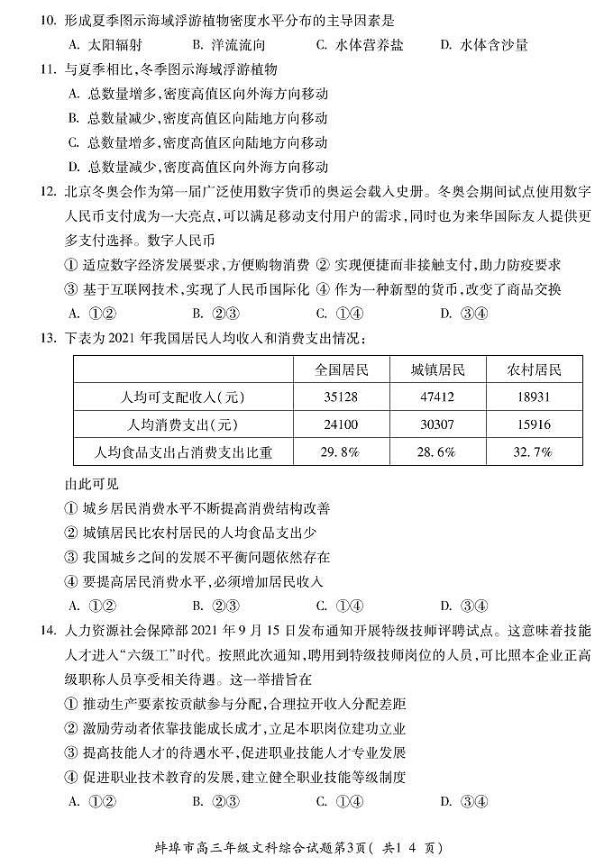2022届安徽省蚌埠市高三第四次教学质量检查文科综合试题及答案第3页