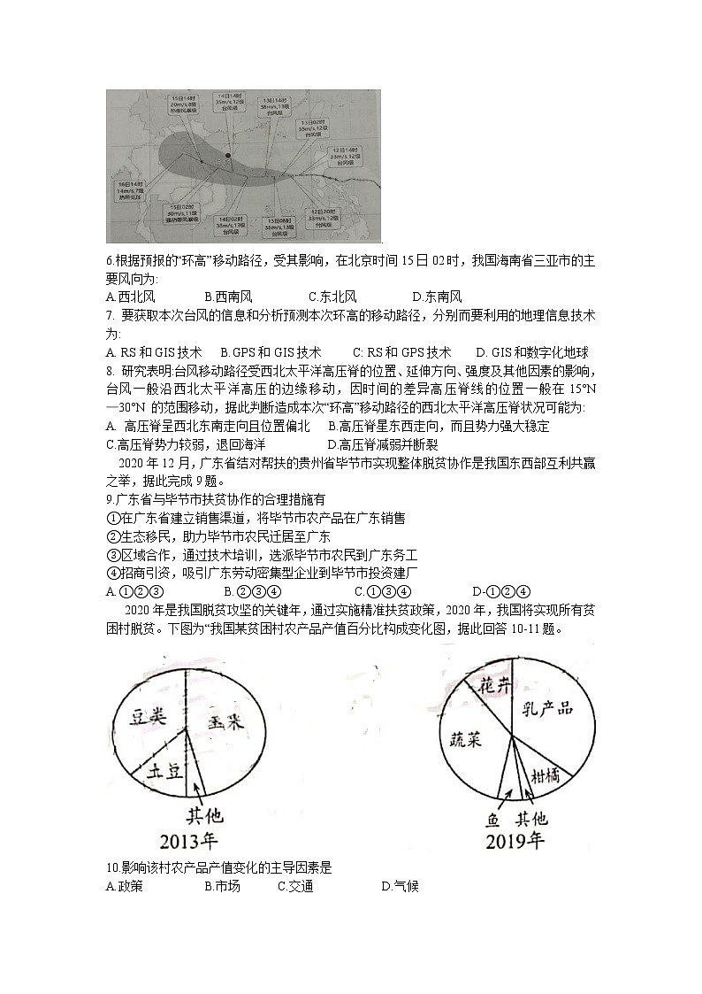 2021年贵州省毕节市高三第一次模拟考试文科综合卷及答案02