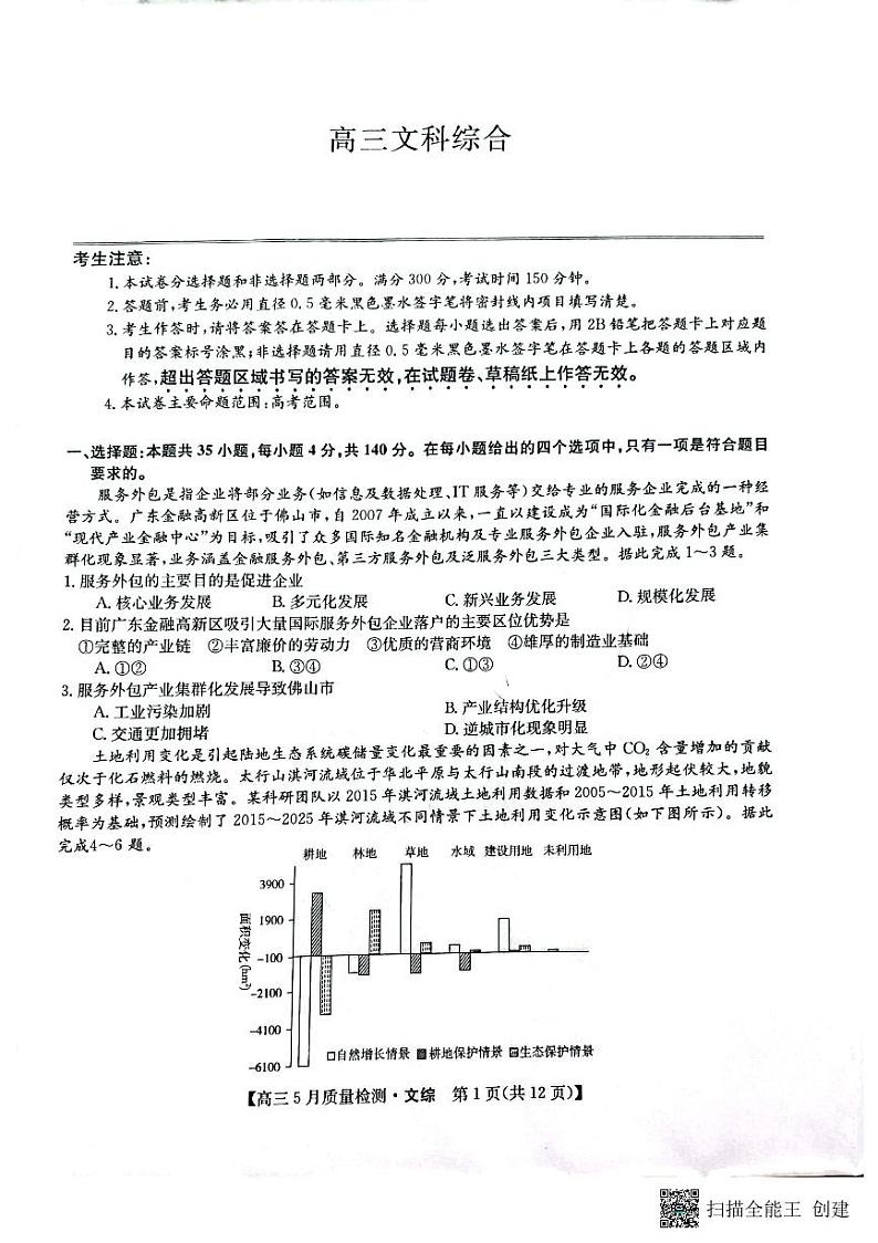 高三模拟考试文科综合试题第1页