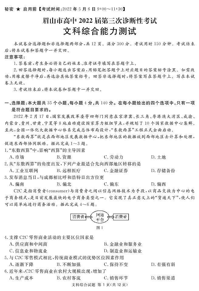 2022届四川省眉山市高三第三次诊断性考试文综试题及答案01