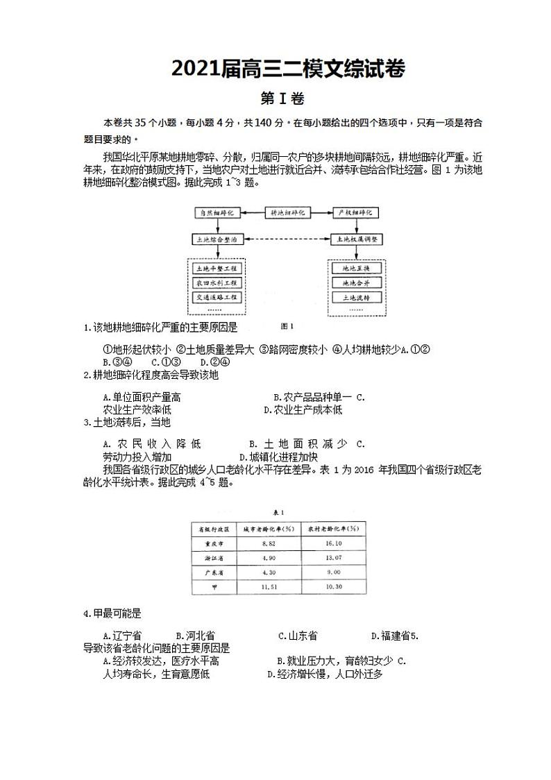 2021年郑州市高三二模文综试卷+答案01