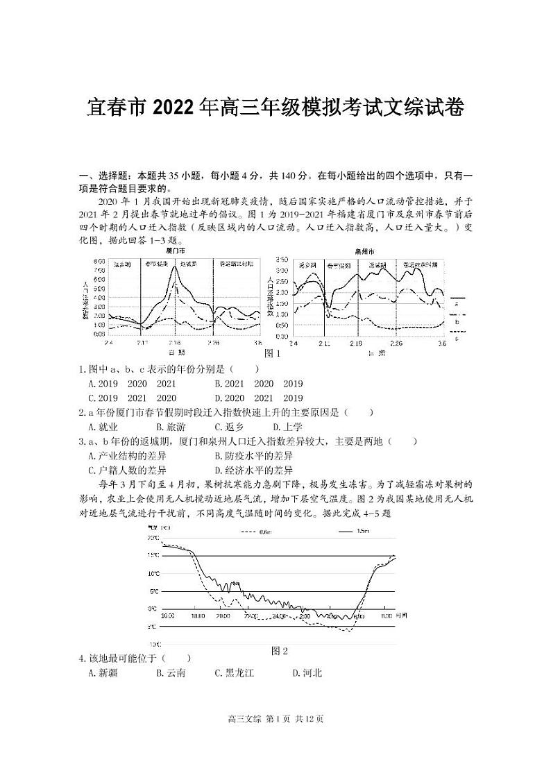 2022届江西省宜春市高三4月模拟考试文综试题（PDF版）第1页