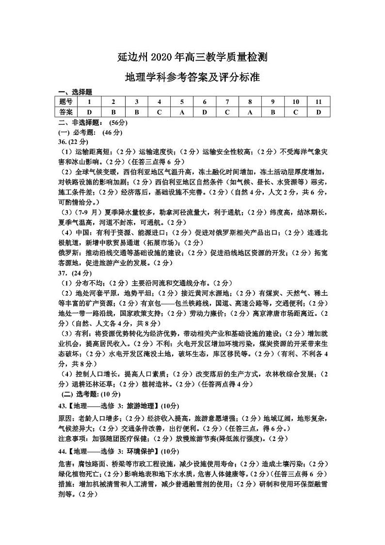 延边州2020年高三教学质量检测地理学科参考答案及评分标准第1页
