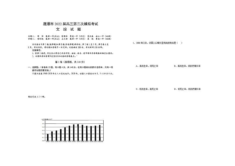 2022届江西省鹰潭市高三第二次模拟考试文综试题及答案01
