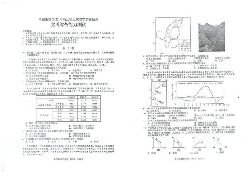 2022届安徽省马鞍山市高三下学期第三次教学质量监测（三模）文科综合试题（PDF版含答案）第1页